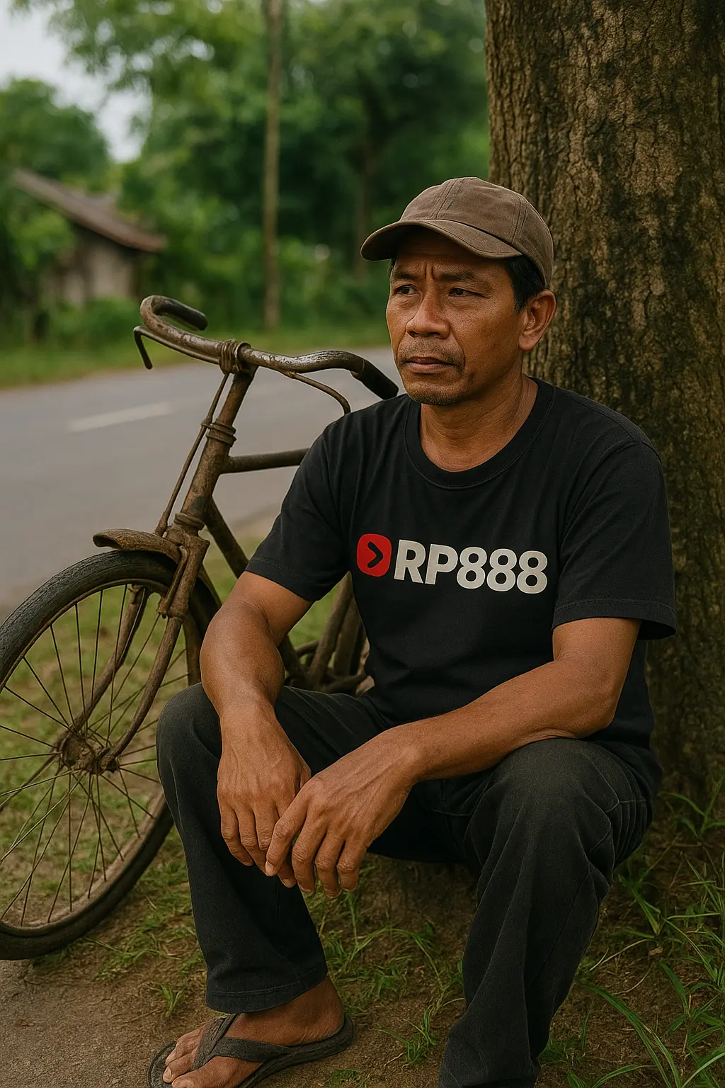 Jono beristirahat di tepi jalan dalam perjalanan berdagang